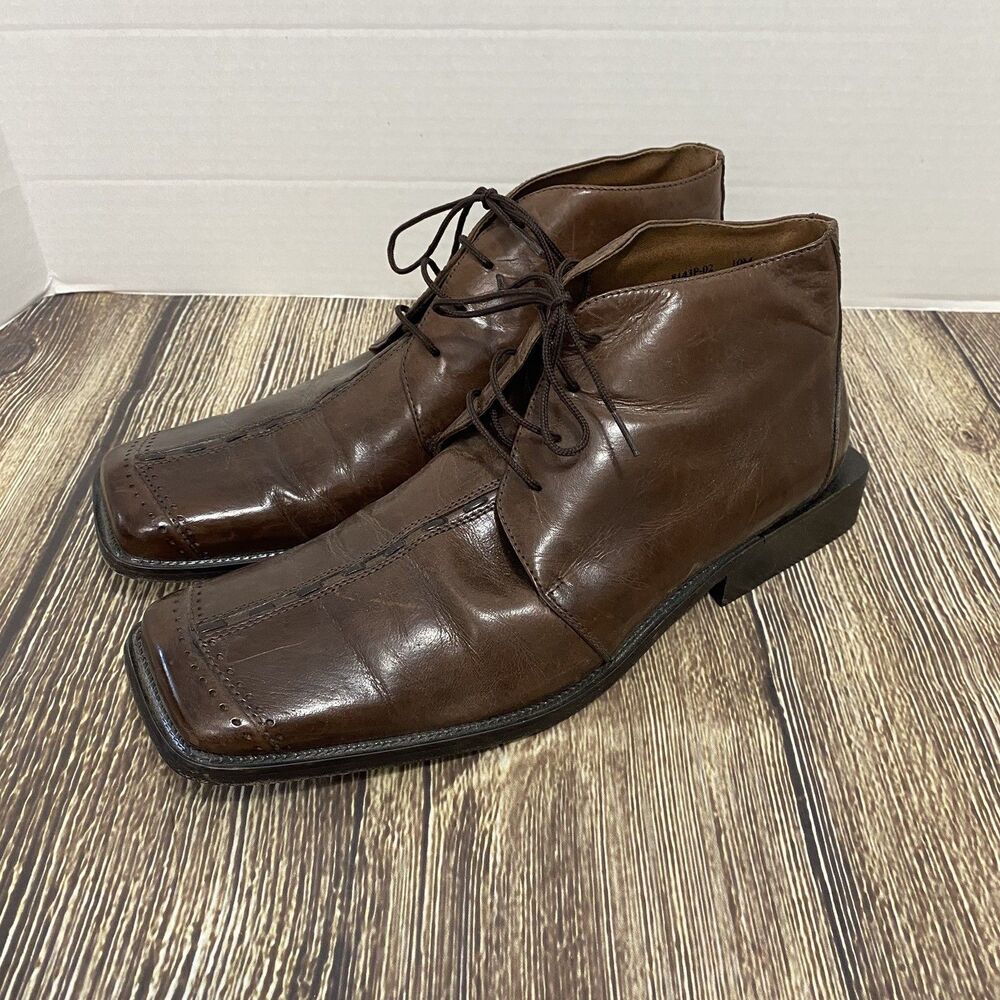 Henri De Vignon Mens Square Toe Brown Leather Ankle Dress Shoes Sz 10 Lace Up
